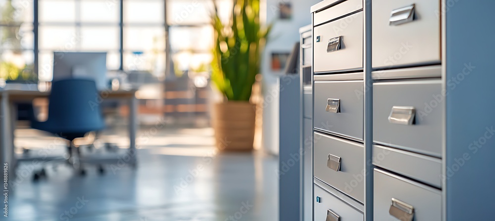 Poster a modern filing cabinet on the right side of a professional office workspace with a blurred backgrou