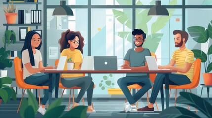 Colleagues in a startup office sharing ideas over a laptop screen