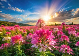 Fototapeta premium Soaring above, a drone reveals a stunning panorama of pink cleome flowers in full bloom.