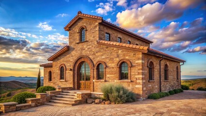 Fototapeta premium Rustic Stone Chapel Sunset Vista Architectural Gem on Hilltop with Serene Landscape