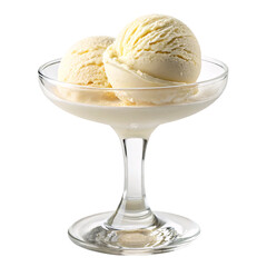 Two scoops of vanilla ice cream in a clear glass dessert cup against  studio shot transparent background