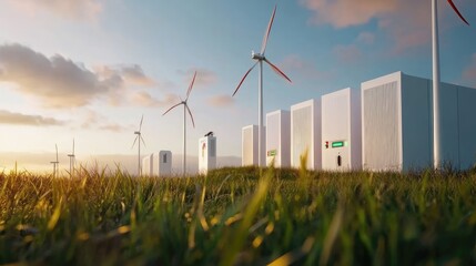 A clean energy storage facility with futuristic battery technology for renewables.