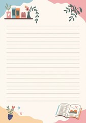 Aesthetic Lined Paper Template with Books and Stars