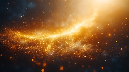 Glowing golden particles and light streaks on dark background.