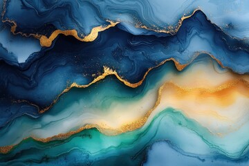 Vibrant Abstract Fluid Art with Watercolor Patterns and Gold Accents in Dynamic Organic Composition