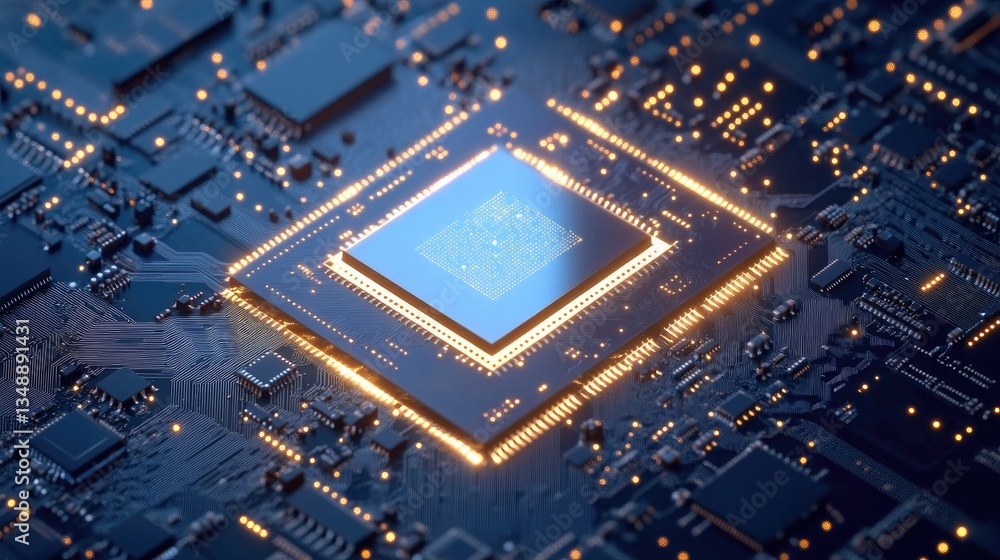 Poster a close-up of an advanced microchip embedded in futuristic technology.