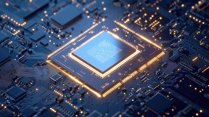 A close-up of an advanced microchip embedded in futuristic technology.