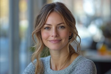 Smiling Businesswoman Using Computer in Modern Office Bright Space