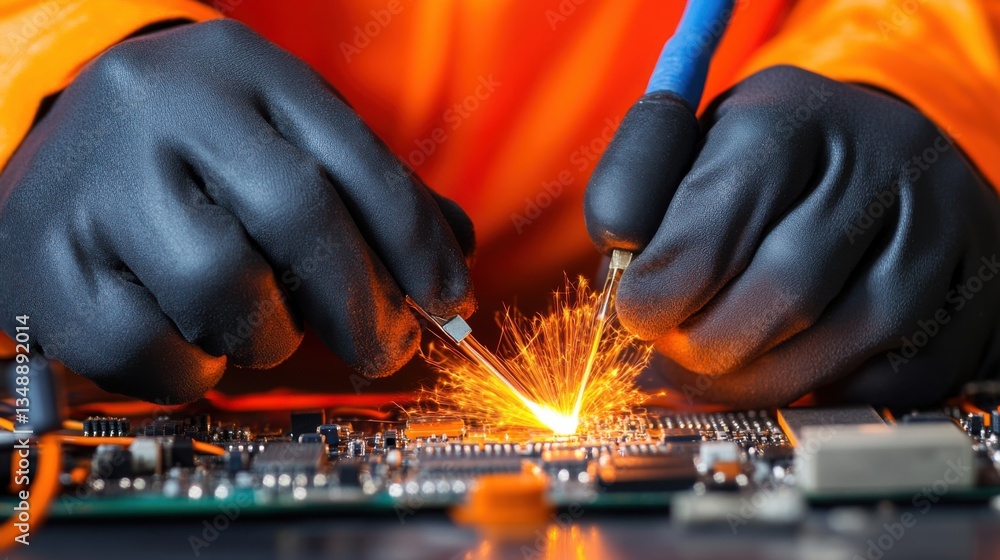 Poster technician soldering circuit board with sparks emanating from precision tools in bright orange glove