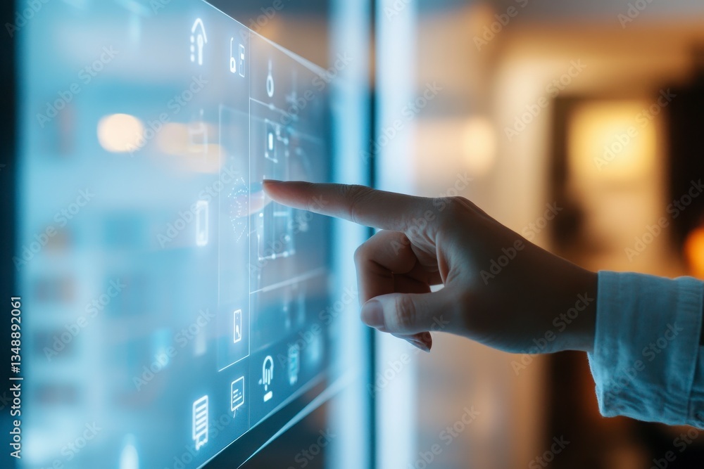 Poster a person is pointing at a screen with a blue background. the screen is displaying a variety of icons