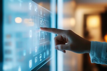 A person is pointing at a screen with a blue background. The screen is displaying a variety of icons and buttons, and the person's finger is hovering over one of them