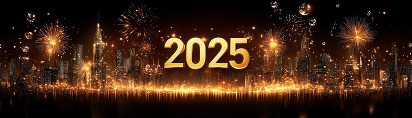 Celebration of New Year 2025 with Fireworks and City Skyline
