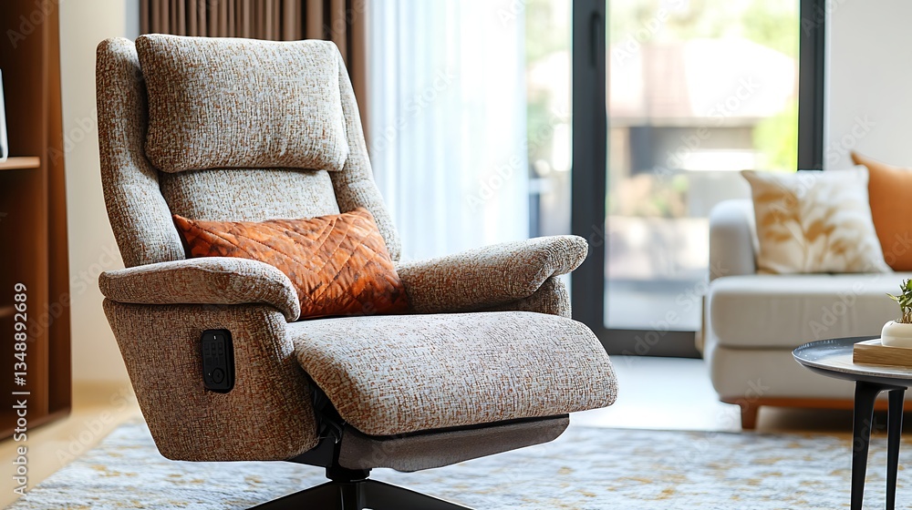 Poster a comfortable fabric recliner chair on the left side with space for text on the right and a blurred 