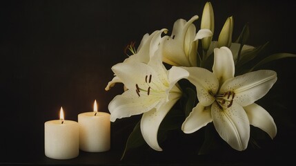 "Candle and White Lily on Black Background with Copy Space"