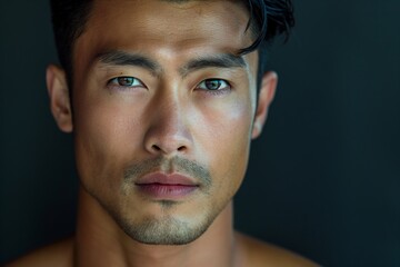 Obraz premium Portrait of an Asian male with striking features and intense gaze, showcasing natural skin tones against a dark background.