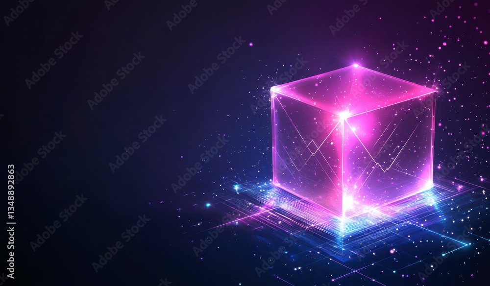 Poster a cube is lit up in a dark background. the cube is surrounded by a lot of small dots, which give the