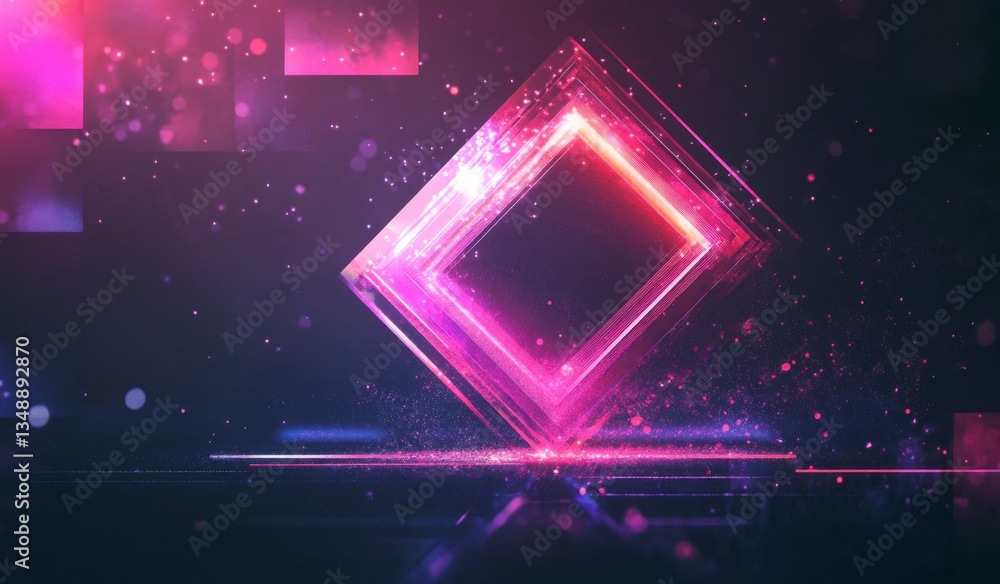 Poster a square with a pink frame is lit up with neon colors. the image has a futuristic and abstract feel 