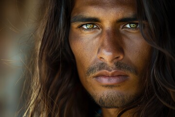 Fototapeta premium Close-up portrait of a young Hispanic male with long, dark hair and striking green eyes, exuding intensity and confidence.