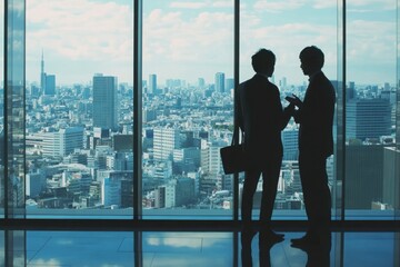 Fototapeta premium Two men in suits are standing in a glass window looking out at the city. They are talking on their cell phones