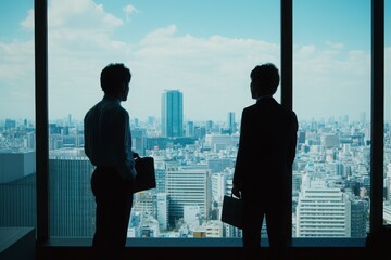 Fototapeta premium Two men are standing in a window looking out at the city. They are both wearing suits and carrying briefcases. Scene is professional and serious, as the men are likely discussing business matters