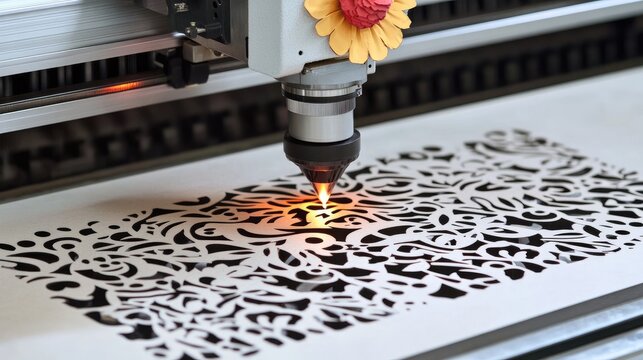 A close-up of a laser cutting machine etching intricate designs onto paper sheets.