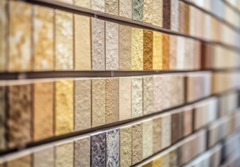 A wall of different colored bricks. The wall is made up of many different colored bricks, including tan, brown, and black. The bricks are arranged in a way that creates a visually interesting pattern
