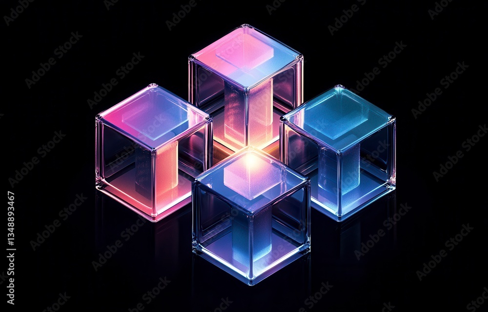 Poster a set of four cubes in a row, each with a different color. the cubes are made of glass and are arran