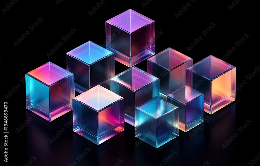 Poster a set of colorful cubes arranged in a pattern. the cubes are made of glass and are arranged in a way