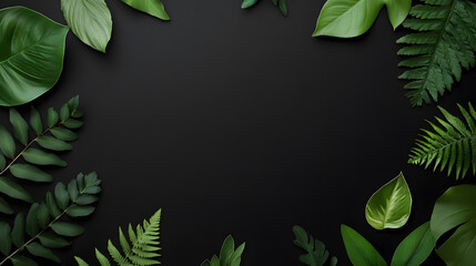 Naklejka premium A deep black space is surrounded by an elegant arrangement of vibrant green leaves, including monstera, philodendron, and ferns. The organic frame of foliage, with subtle shadows and highlights,
