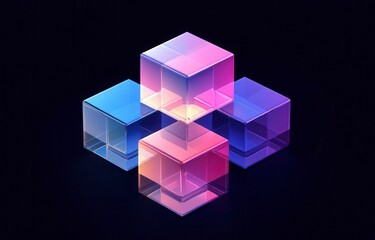 A colorful cube made of glass is displayed on a black background. The cube is made up of four smaller cubes, each with a different color. The overall effect is a visually striking