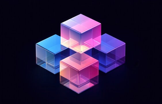 Fototapeta A colorful cube made of glass is displayed on a black background. The cube is made up of four smaller cubes, each with a different color. The overall effect is a visually striking