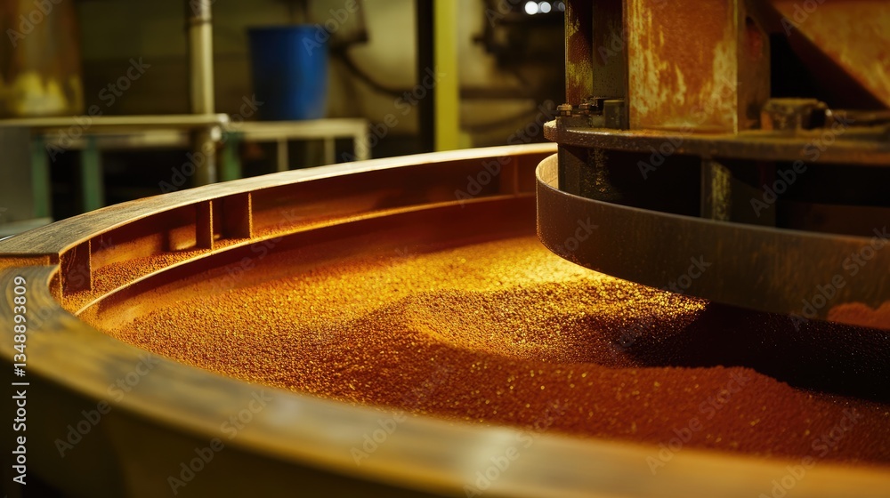 Poster a close-up of a vibrating screen filtering different mineral particles.
