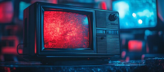 Retro television with a red screen in a dimly lit room. The screen shows static, creating a mysterious atmosphere.