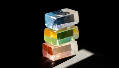 Colorful transparent soap stacks studio setting product photography minimalist environment close-up view craft concept