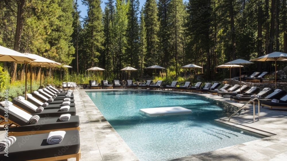 Poster a pool with many lounge chairs and umbrellas surrounding it. the pool is surrounded by trees and the