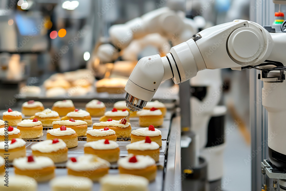 Poster fully automated bakery production line with robots decorating cakes, industrial food processing.