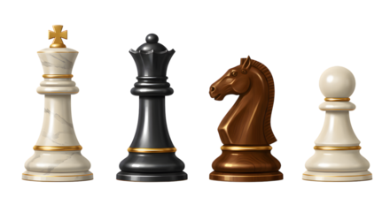 Chess Pieces Isolated on Transparent Background King Queen Knight and Pawn