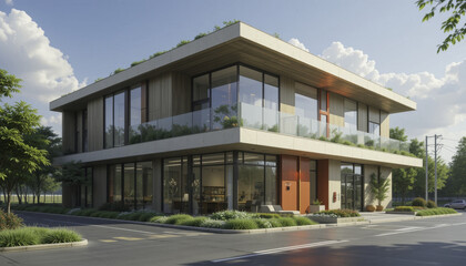 Modern two story office building with large glass windows and rooftop garden, surrounded by greenery and clear blue sky. contemporary architecture features clean lines and spacious parking area