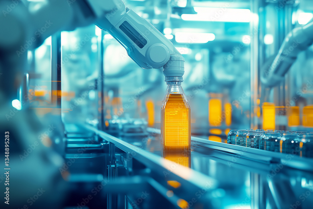 Poster smart factory with ai-controlled robotic arms sorting and packaging products, high-tech atmosphere, 