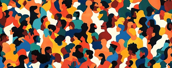 Colorful diverse people crowd in an abstract art seamless pattern, illustrating a multi-ethnic community in a modern collage