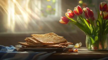 Jewish holiday Passover celebration concept with matzah and tulips on table with copy space.