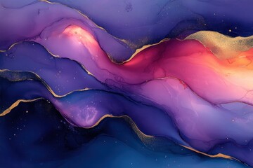 Abstract Alcohol Ink Painting with Purple Blue Red Tones and Gold Accents Ethereal Fluid Art