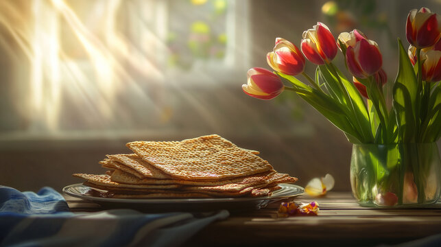 Jewish holiday Passover celebration concept with matzah and tulips on table with copy space.
