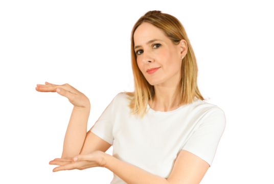 Woman smiles surprise showing product over transparent background. PNG transparent - Powered by Adobe