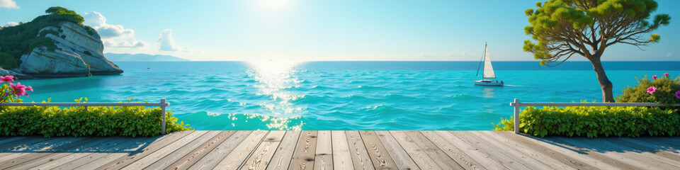 Fototapeta premium A serene ocean view from a wooden deck with a sailboat in the distance and lush greenery nearby.