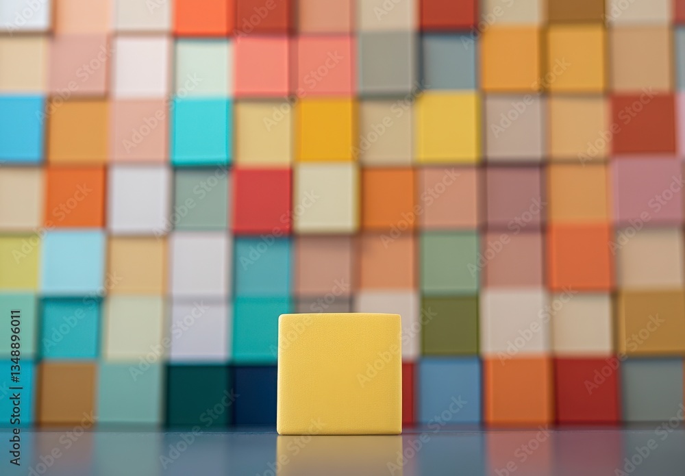 Poster a yellow block is in front of a colorful wall. the wall is made up of many different colored squares