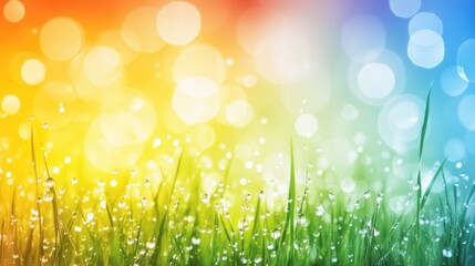 Obraz premium Dewdrops on vibrant green grass with colorful bokeh background.