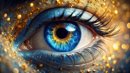 A Close-Up of a Striking Eye Adorned with Golden and Blue Sparkle