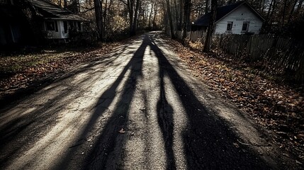 Fototapeta premium Autumnal road, trees cast shadows, houses in background, peaceful scene