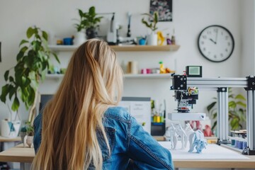 A woman with long hair is sitting at a desk in a room with a clock on the wall. The room is filled with various items, including a potted plant, a laptop, and a book